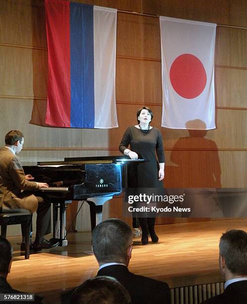 Russia - Russian opera singer Hibla Gerzmava performs at the Japanese Embassy in Moscow on April 19 during an event to thank Russia for its support...
