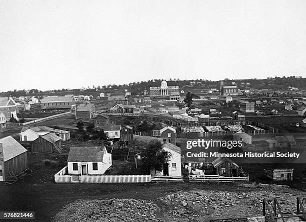 View of St. Paul, Minnesota, from the roof of the courthouse. The Central Presbyterian Church is visible. 1857.