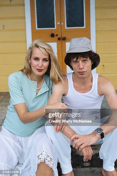 Mick Jagger on vacation in the Barbados with girlfriend Jerry Hall, just prior to his 40th birthday.