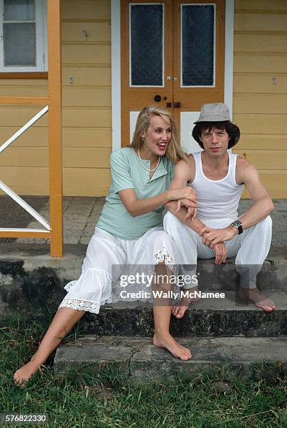 Mick Jagger on vacation in the Barbados with girlfriend Jerry Hall, just prior to his 40th birthday.