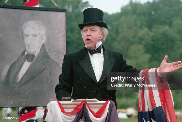 Speaker at Tippecanoe Battlefield reenacts part of William Henry Harrison's campaign for the Presidency, part of a local celebration of the...
