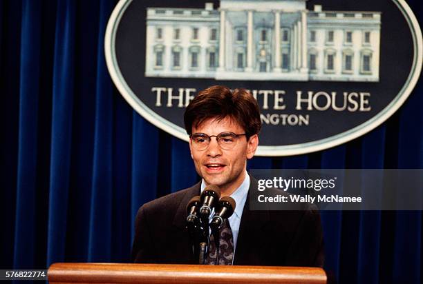 George Stefanopoulos, political advisor to President Bill Clinton, speaks to the press in the briefing room at the White House.