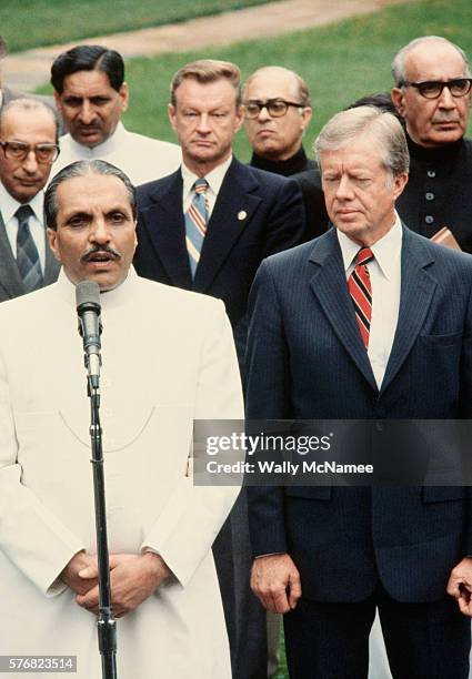 Pakistani President Mohammed Zia ul-Haq makes remarks outside the White House after meeting with President Jimmy Carter and National Security Adviser...