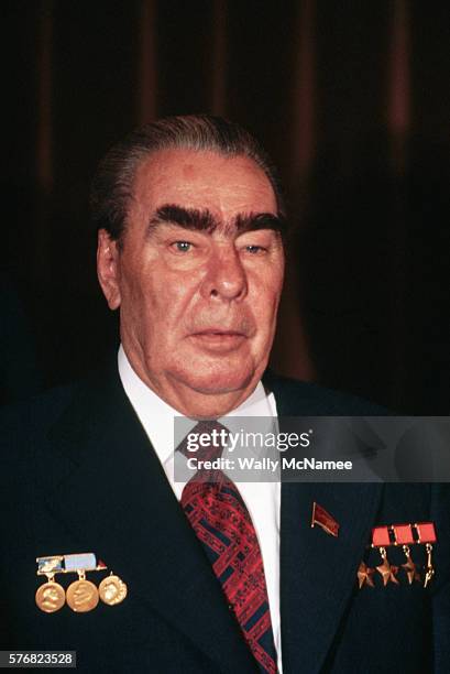 Soviet General Secretary Leonid Brezhnev wears medals on his suit during a signing ceremony at a summit in Vienna.