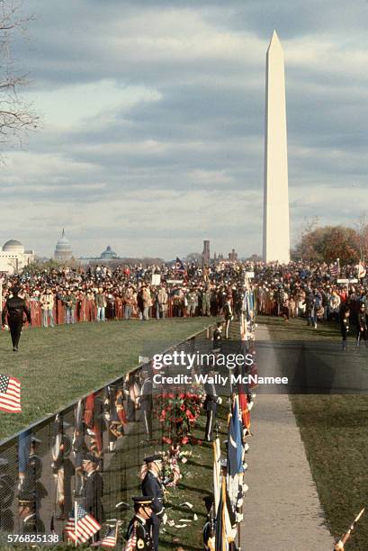 Huge crowd gathers at the Vietnam Veterans Memorial during dedication ceremonies in Washington, DC, 13th November 1982.