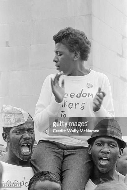 Youthful participants in the March on Washington chant slogans and sing prior to the start of their march along Constitution Avenue to the Lincoln...