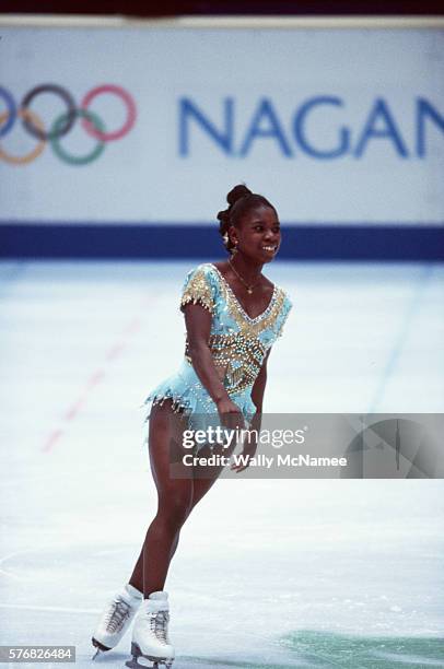 French figure skater Surya Bonaly finishes her free skate program in White Ring during the 1998 Winter Olympic games.