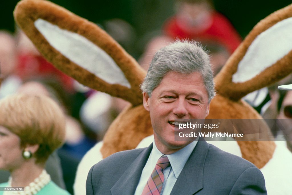 President Clinton in Front of Large Rabbit Ears