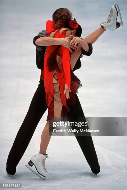 Russian ice dancers Anjelika Krylova and Oleg Ovsyannikov perform their free dance program in White Ring during the 1998 Winter Olympics.