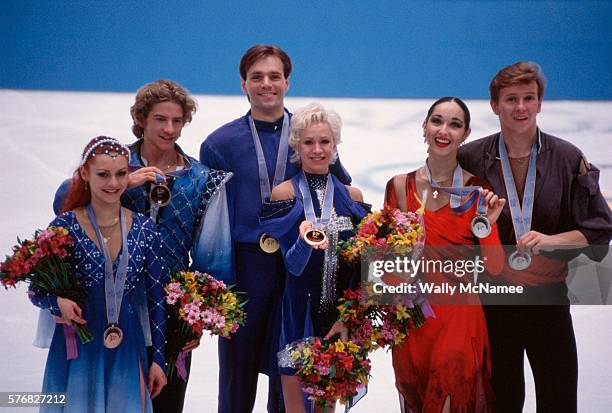 Ice dancing medalists atop the podium in White Ring during the 1998 Winter Olympics.