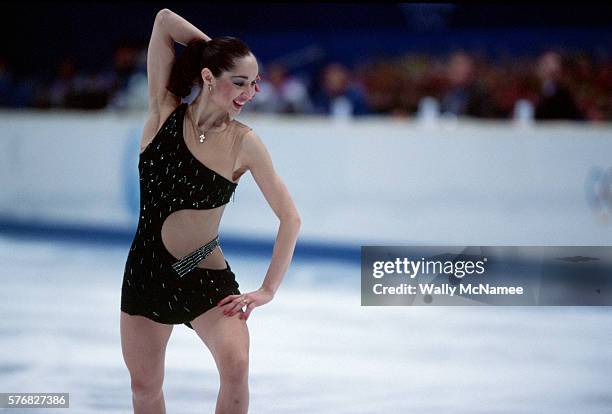 Russian ice dancer Anjelika Krylova performs an original dance program in White Ring during the 1998 Winter Olympics.