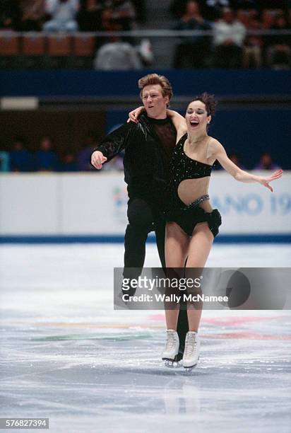 Russian ice dancers Anjelika Krylova and Oleg Ovsyannikov perform their original dance program in White Ring during the 1998 Winter Olympics.