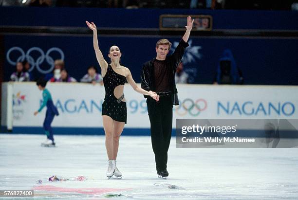 Russian ice dancers Anjelika Krylova and Oleg Ovsyannikov finish their original dance program in White Ring during the 1998 Winter Olympics.