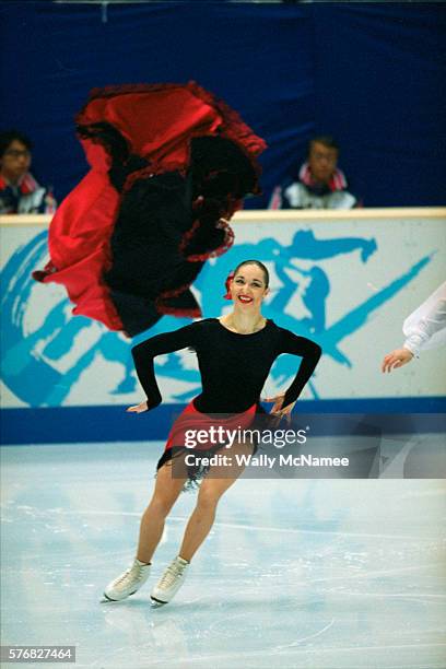Russian ice dancer Anjelika Krylova performs at a skating exhibition in White Ring during the 1998 Winter Olympics. Krylova and Ovsyannikov won the...