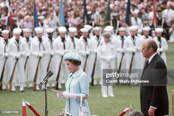 Queen Elizabeth II speaks at an arrival ceremony at the White House on the occasion of her visit to the United States during the Bicentennial...