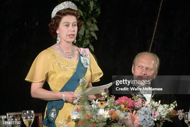 Queen Elizabeth II speaks at a state dinner at the White House on the occasion of her visit to help celebrate the Bicentennial, 7th July 1976....