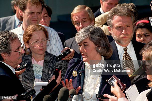 Democratic Congresswoman Pat Schroeder talks to the White House press corps outside the West Wing at the White House after a meeting with the...