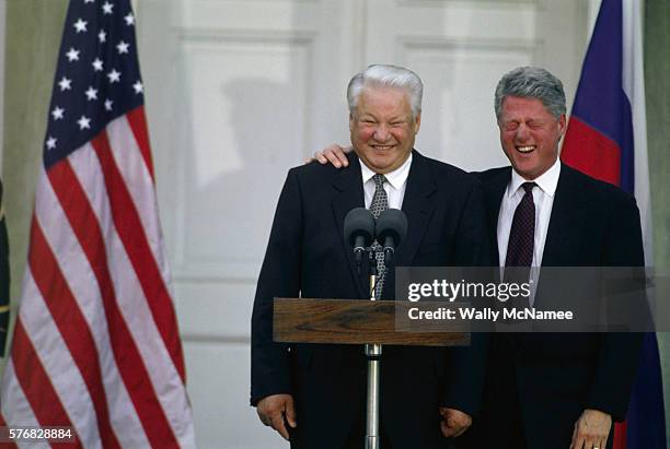 American President Bill Clinton laughs at Boris Yeltsin's jokes during a joint news conference in Hyde Park, New York. | Location: Hyde Park, New...