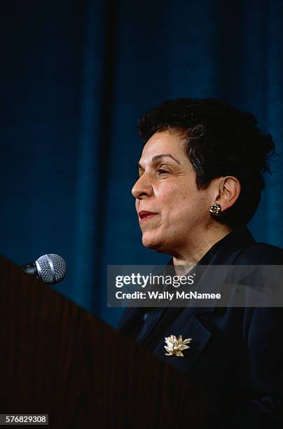 Secretary of Health and Human Services Donna Shalala speaks at a meeting of the American Medical Association in Washington, DC.