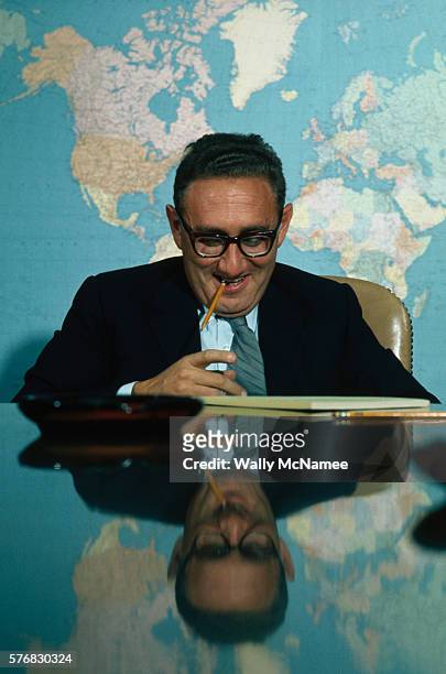 White House National Security Affairs Adviser Henry Kissinger poses for a portrait in the Situation Room in the basement of the West Wing at the...