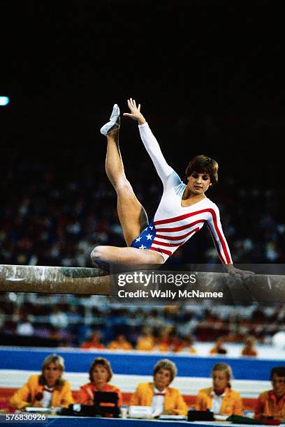 American gymnast Mary Lou Retton performs on the balance beam during the finals of the women's gymnastic team event at the 1984 Los Angeles Summer...