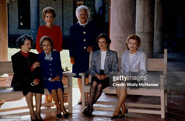 First Lady Barbara Bush gathers with former First Ladies for a portrait after the dedication of the Ronald Reagan Presidential Library in Simi...