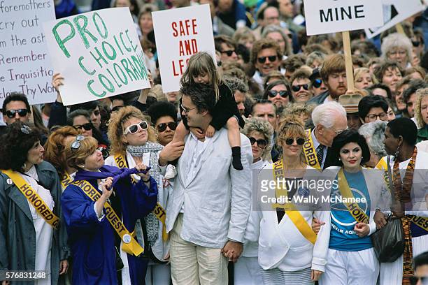 Bonnie Franklin, Tim Robbins and Susan Sarandon join other honored guests at an Abortion Rights Rally during the 1984 Democratic National Convention.