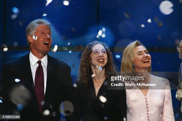 President Bill Clinton with daughter Chelsea, and First Lady Hillary at the Democratic National Convention after his acceptance speech to be his...