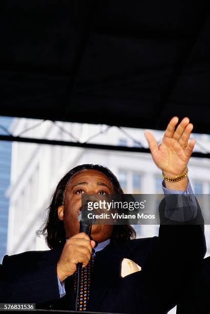 Reverend Al Sharpton speaking at a demonstration in New York against police brutality after the beating of Abner Louima.