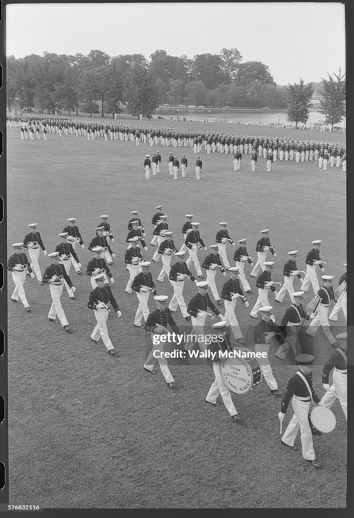 Bugle Corps The United States Naval Academy Drum and Bugle Corps performs during ...