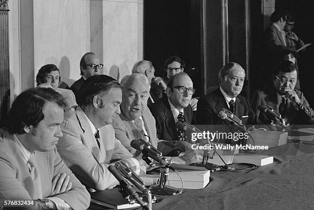 Members and staff of the Senate Watergate Committee gather in the caucus room to deliver their final report on their hearings. L to R: Counsel Fred...