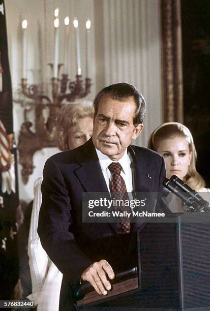 President Richard Nixon gives his farewell speech at the White House. The President was impeached after being found guilty during the Watergate...