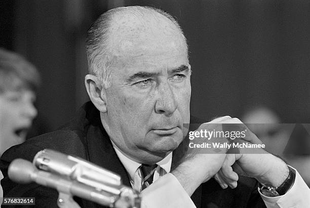 Portrait of Attorney General John Mitchell as he testifies at a hearing for the Senate Select Committee on Equal Education.