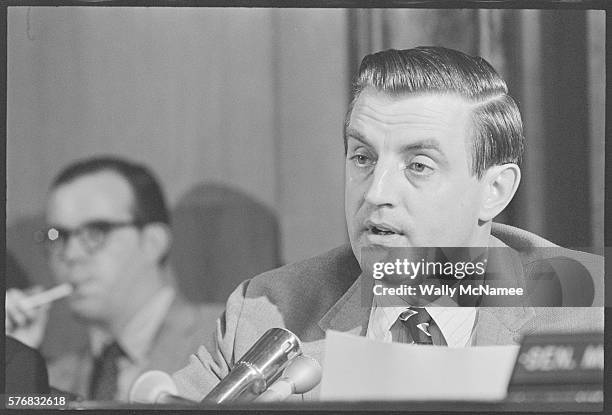 Portrait of committee chairman Senator Walter Mondale during a hearing for the Senate Select Committee on Equal Education, August 13, 1970.