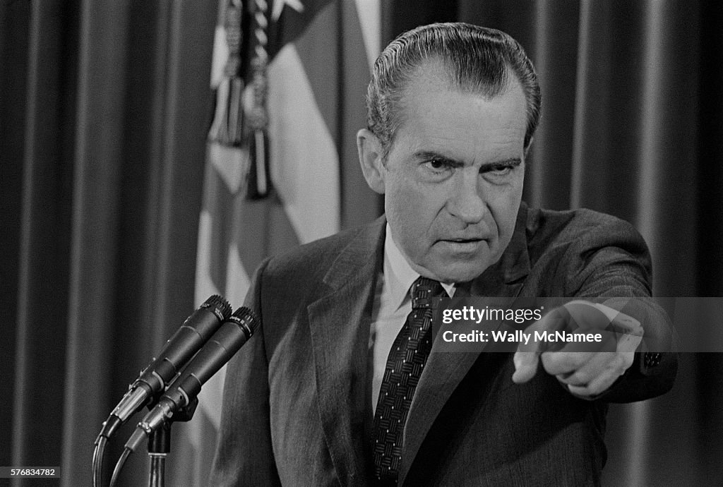 President Nixon Pointing During Press Conference