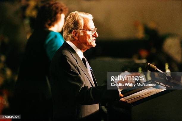 The Reverend Billy Graham gives a sermon in Oklahoma following the Oklahoma City bombing.