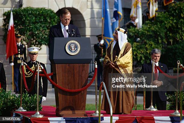 President Bush Speaking from Podium with Emir of Bahrain