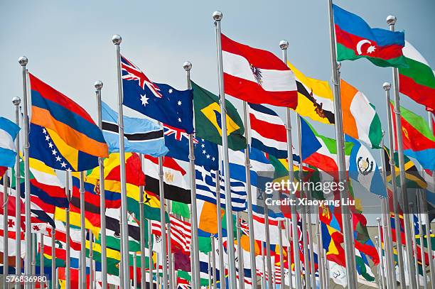 national flags at the shanghai 2010 world expo, shanghai, china - fahnenstange stock-fotos und bilder