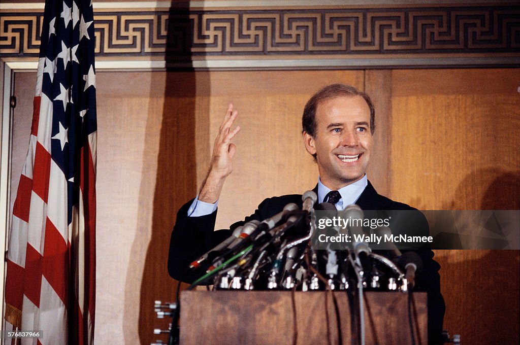 Delaware Senator Joseph Biden Speaking at a Podium