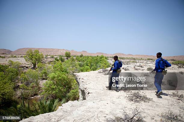 Members of the Puntland Maritime Police Force on patrol for pirates near the village of Elayo, Somalia. The Puntland Maritime Police Force is a...