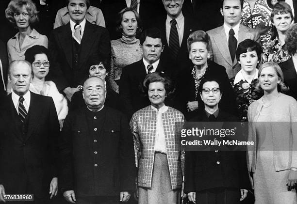 American President Gerald Ford, First Lady Betty Ford, and their daughter Susan stand with Chinese Communist leader Mao Zedong and his wife, Jiang...
