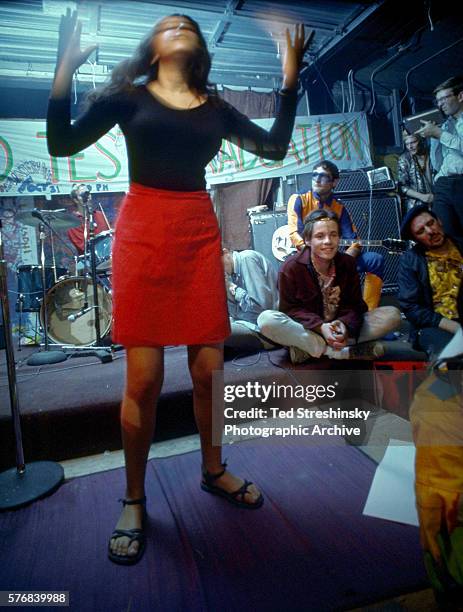 Woman dances at the Acid Test Graduation, a celebration organized by Ken Kesey and his Merry Pranksters, in which participants graduated "beyond...