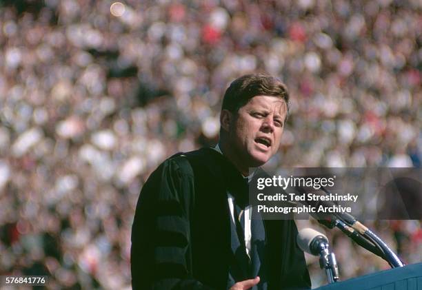President John F. Kennedy delivers the commencement address for the University of California at Berkeley graduating class of 1962. After giving the...