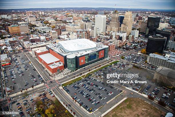 downtown newark prudential center aerial view - prudential center new jersey stock pictures, royalty-free photos & images