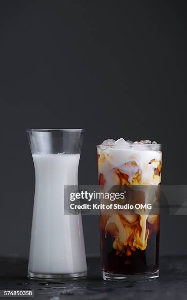 milk in iced coffee glass - iced coffee stock pictures, royalty-free photos & images