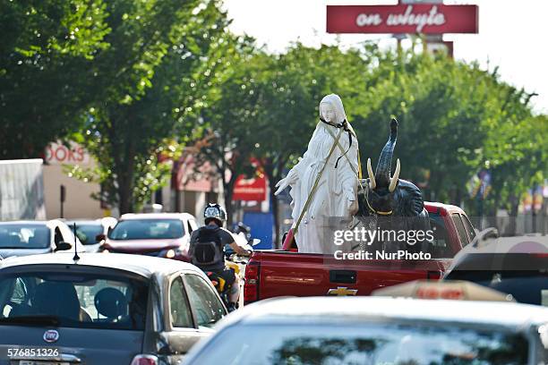 Statue of 'Our Lady' and an elephant 'stuck' in the traffic on the Whyte Avenue, in the Old Strathcona area, an historic district located in...