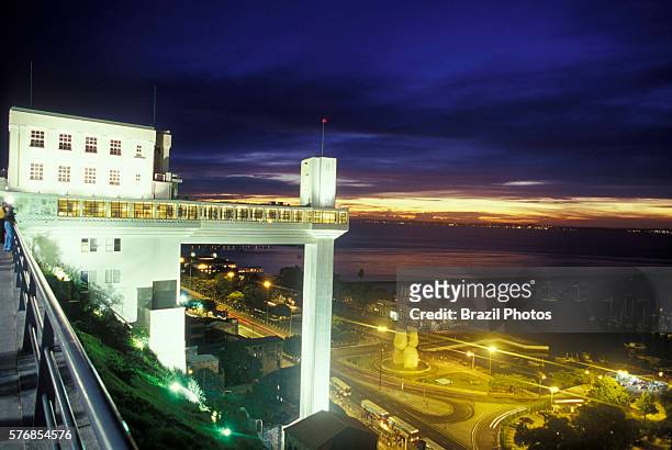 Lacerda elevator at twilight in Salvador, Bahia State, northeatern Brazil - city touristic site. Salvador is one of the oldest colonial cities in the...