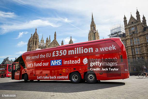 Vote LEAVE' battle bus is parked outside the Houses of Parliament in Westminster by the environmental campaign group Greenpeace before being...