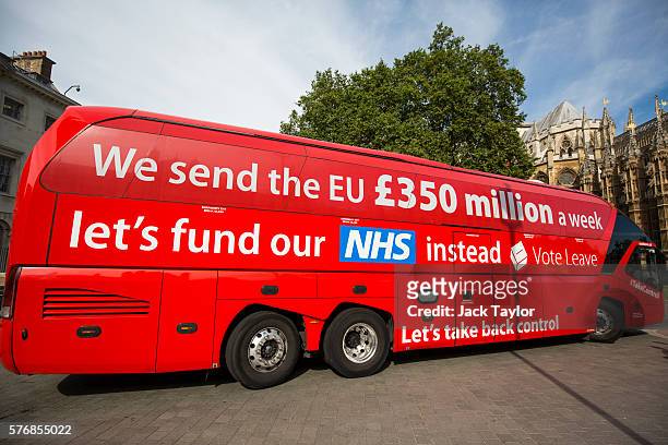 Vote LEAVE' battle bus is parked outside the Houses of Parliament in Westminster by the environmental campaign group Greenpeace before being...