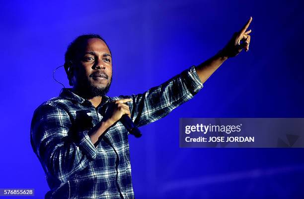 Rapper Kendrick Lamar performs on the fourth day of the 2016 Benicassim International Festival in Benicassim, in Castellon province, on July 17,...
